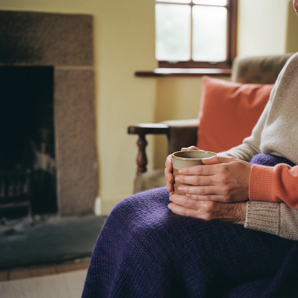 A carer steadying a warm mug for an older person at home, a knitted blanket across their lap beside a Devon cottage hearth