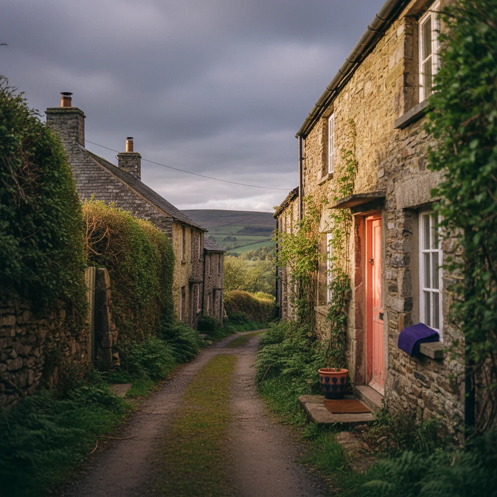 A lane of granite and slate cottages on the eastern edge of Dartmoor, with open moorland beyond