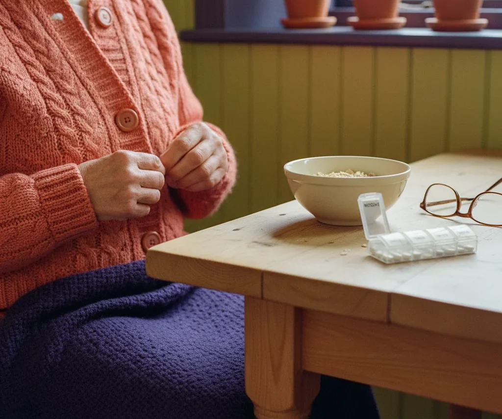 Hands fastening the buttons of a coral cardigan at a cottage kitchen table, beside a breakfast bowl and a weekly pill organiser