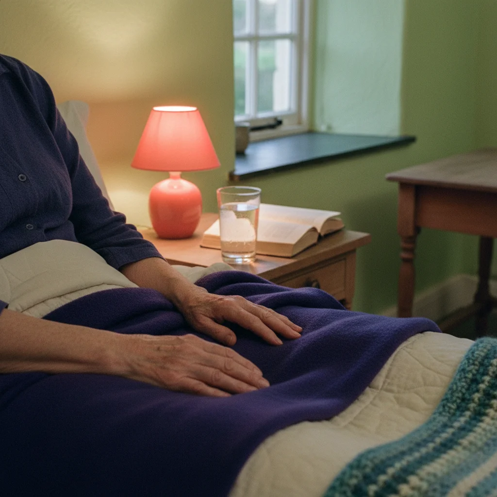 A hand resting over another on an indigo blanket in a lamplit cottage bedroom